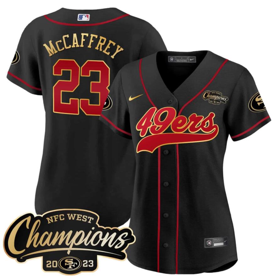 Women San Francisco 49ers #23 Mccaffrey  2023 NFC West Champions Baseball Gold Trim 2024 NFL NFL Nike black Nike jerseys
